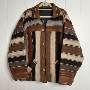 Handmade Striped Blanket Jacket Tan/Brown/Black Button Front Heavyweight Size XL